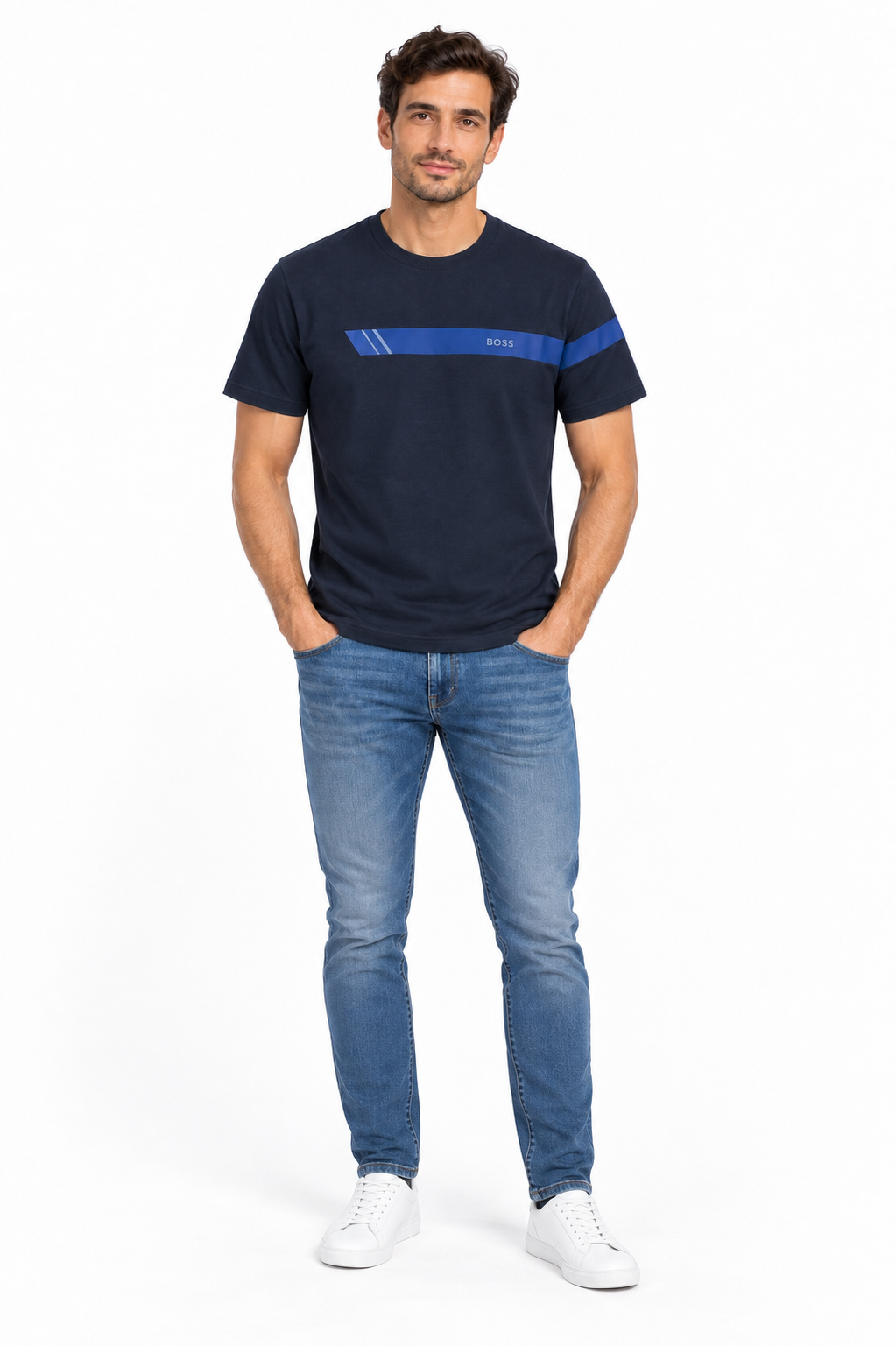 BOSS -  stripe and logo T-shirt - Blue navy