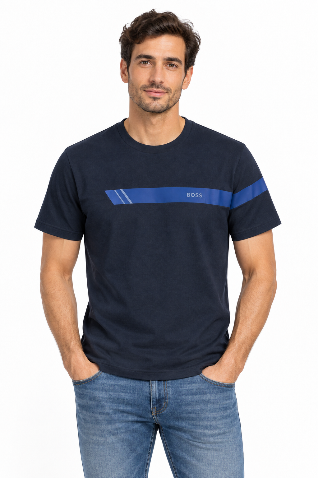 BOSS -  stripe and logo T-shirt - Blue navy