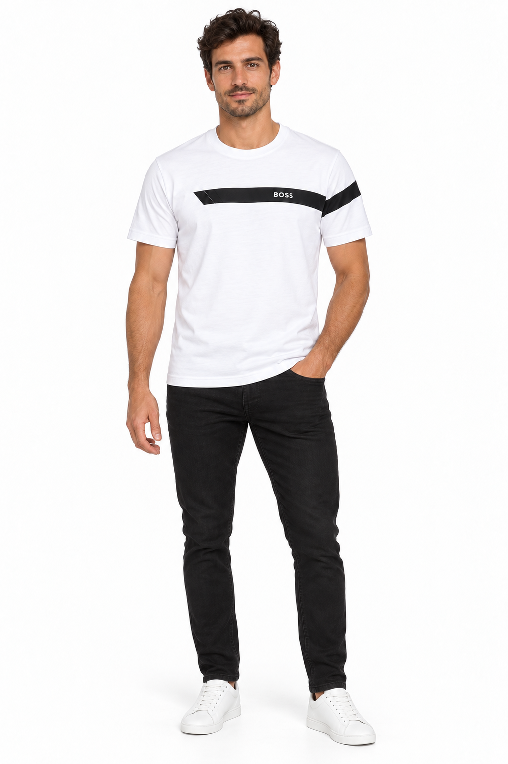 BOSS -  stripe and logo T-shirt - White