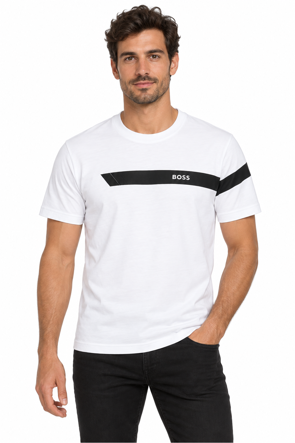 BOSS -  stripe and logo T-shirt - White