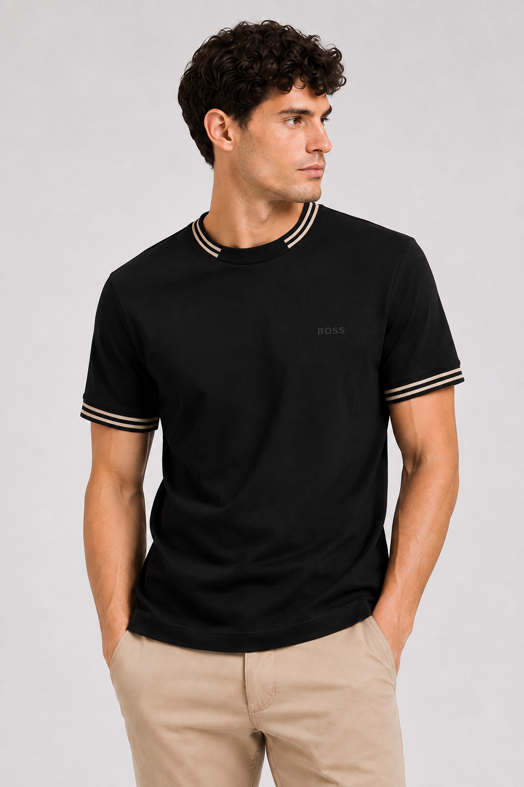 Boss stretch-cotton with stripes and logo T-shirt - Black