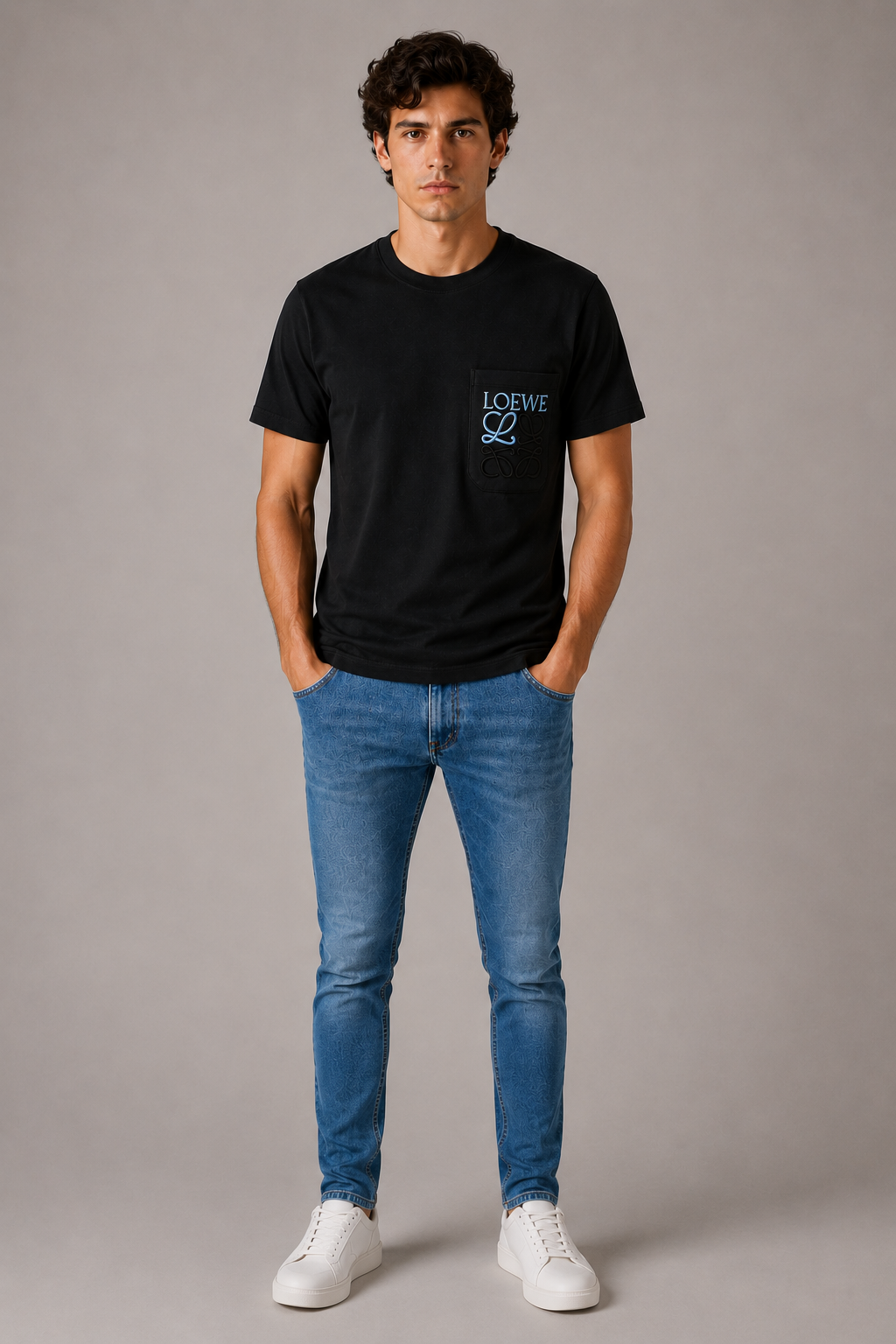 Loewe embroidered blue Pocket logo T-shirt- Black