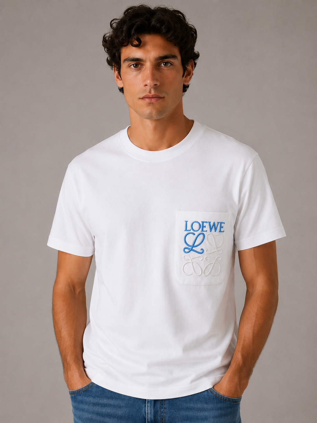 Loewe embroidered blue Pocket logo T-shirt- White