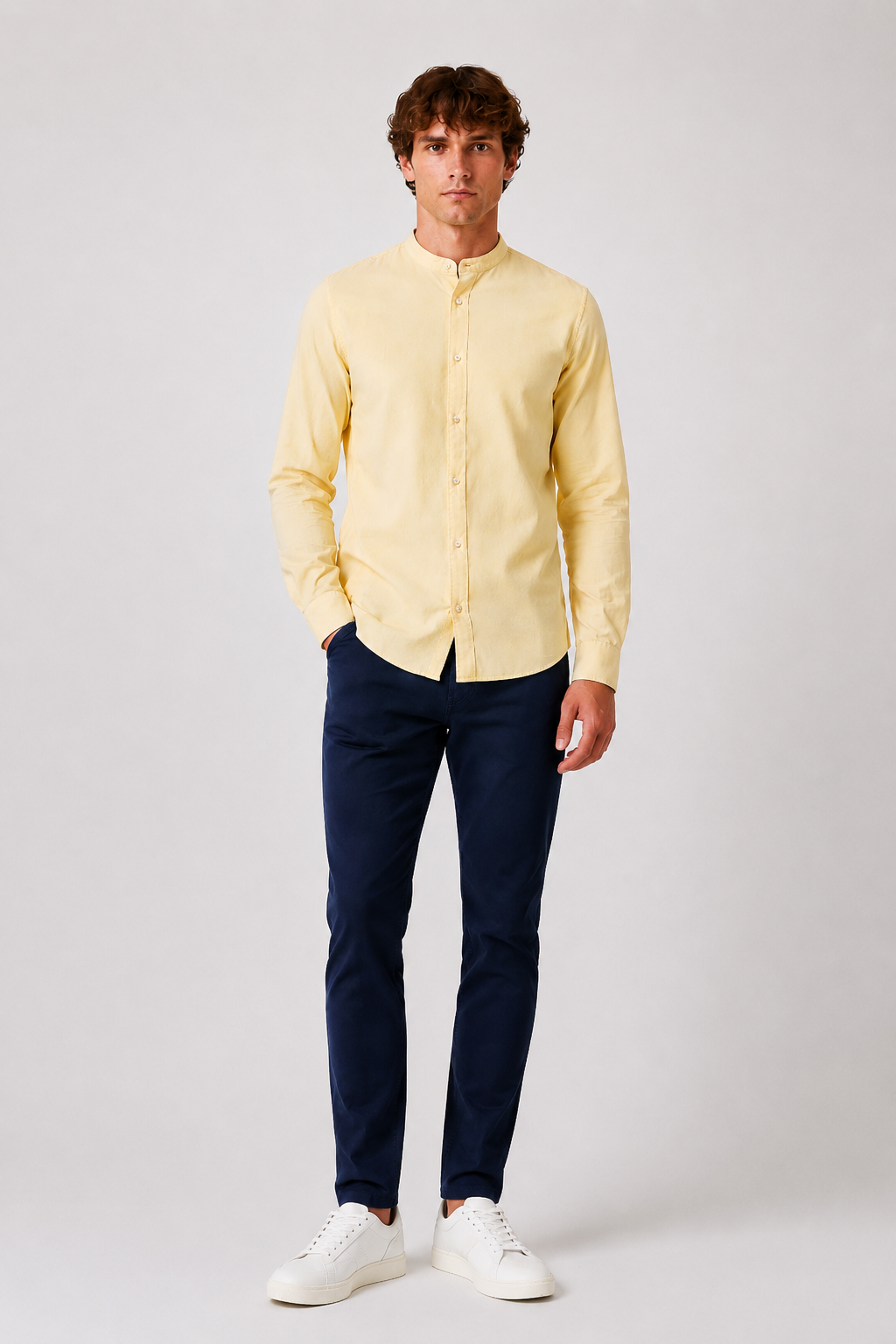 Jack & Jones Mandarin Collar Long Sleeve Shirt – Light Yellow