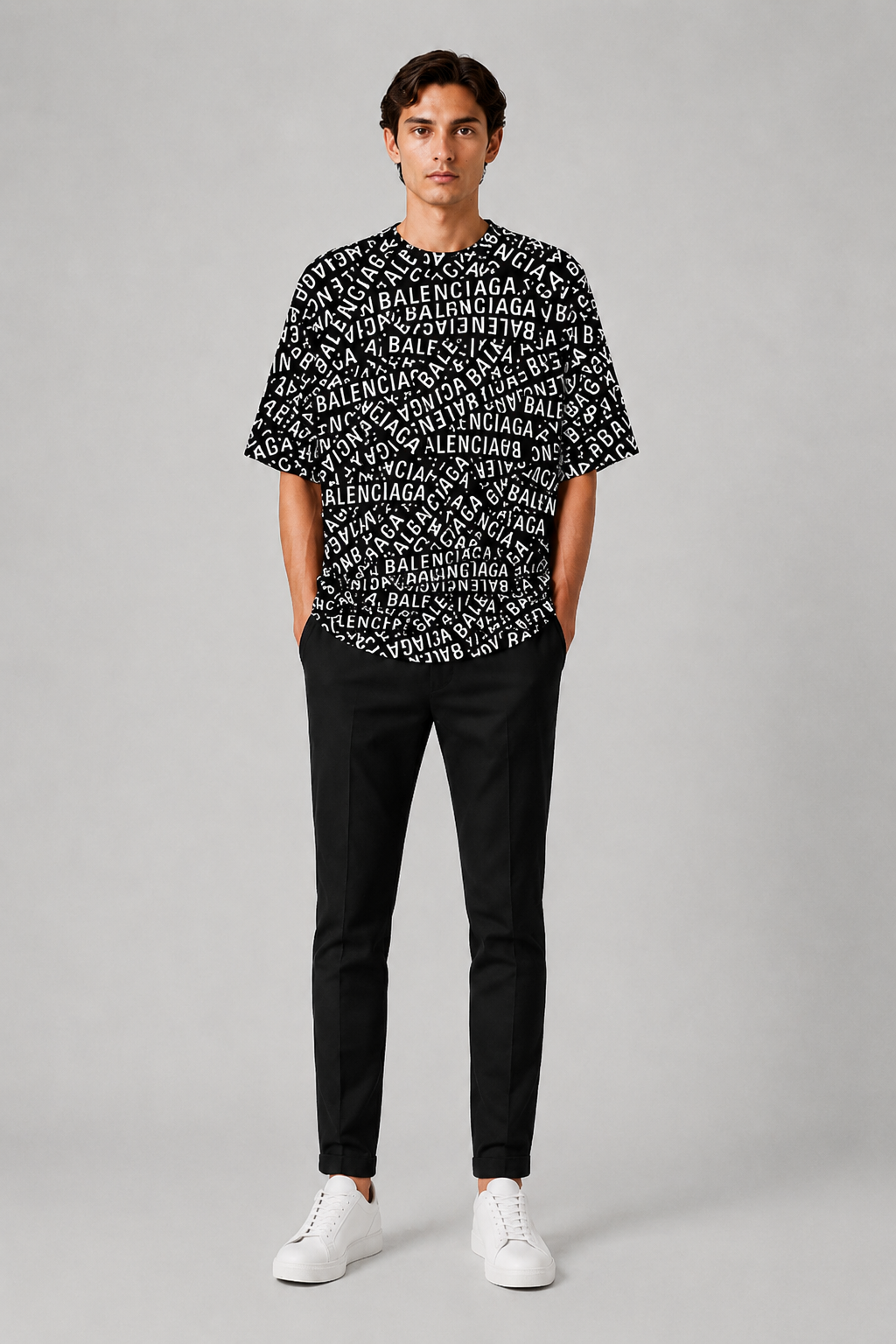 Balenciaga All-Over Logo  T-Shirt – Black/White