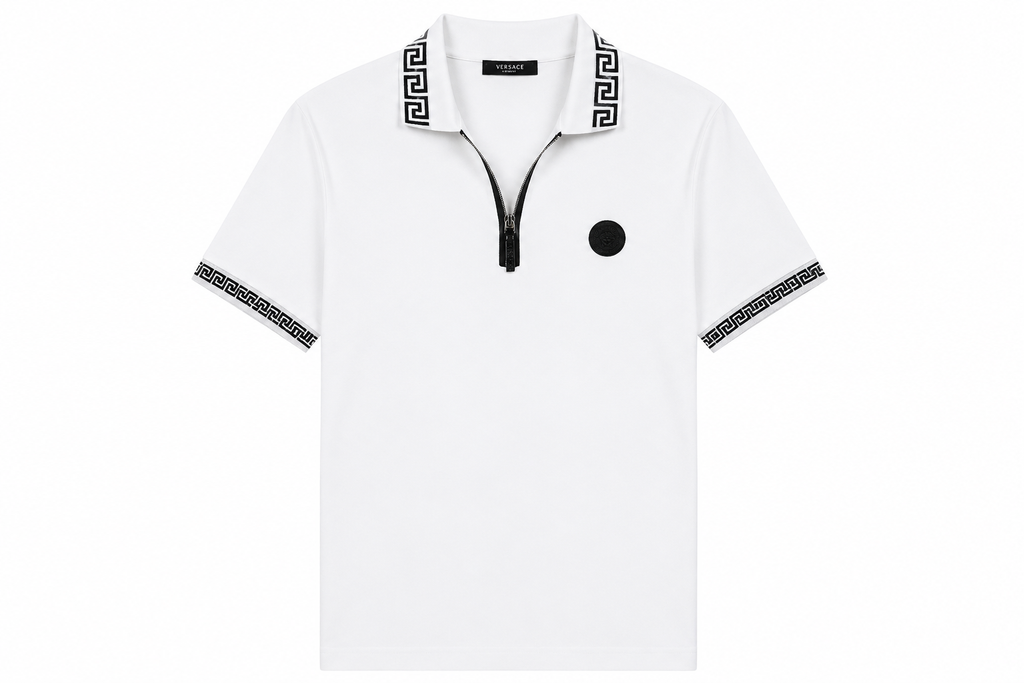 Versace Black Zip  Medusa Logo Polo – White