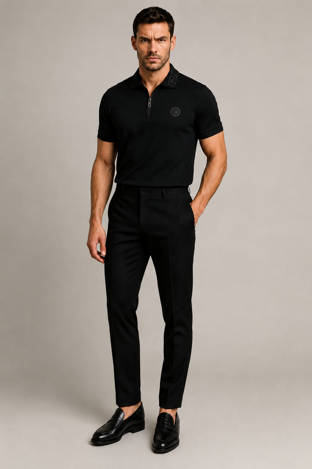 Versace Black Zip  Medusa Logo Polo – Black