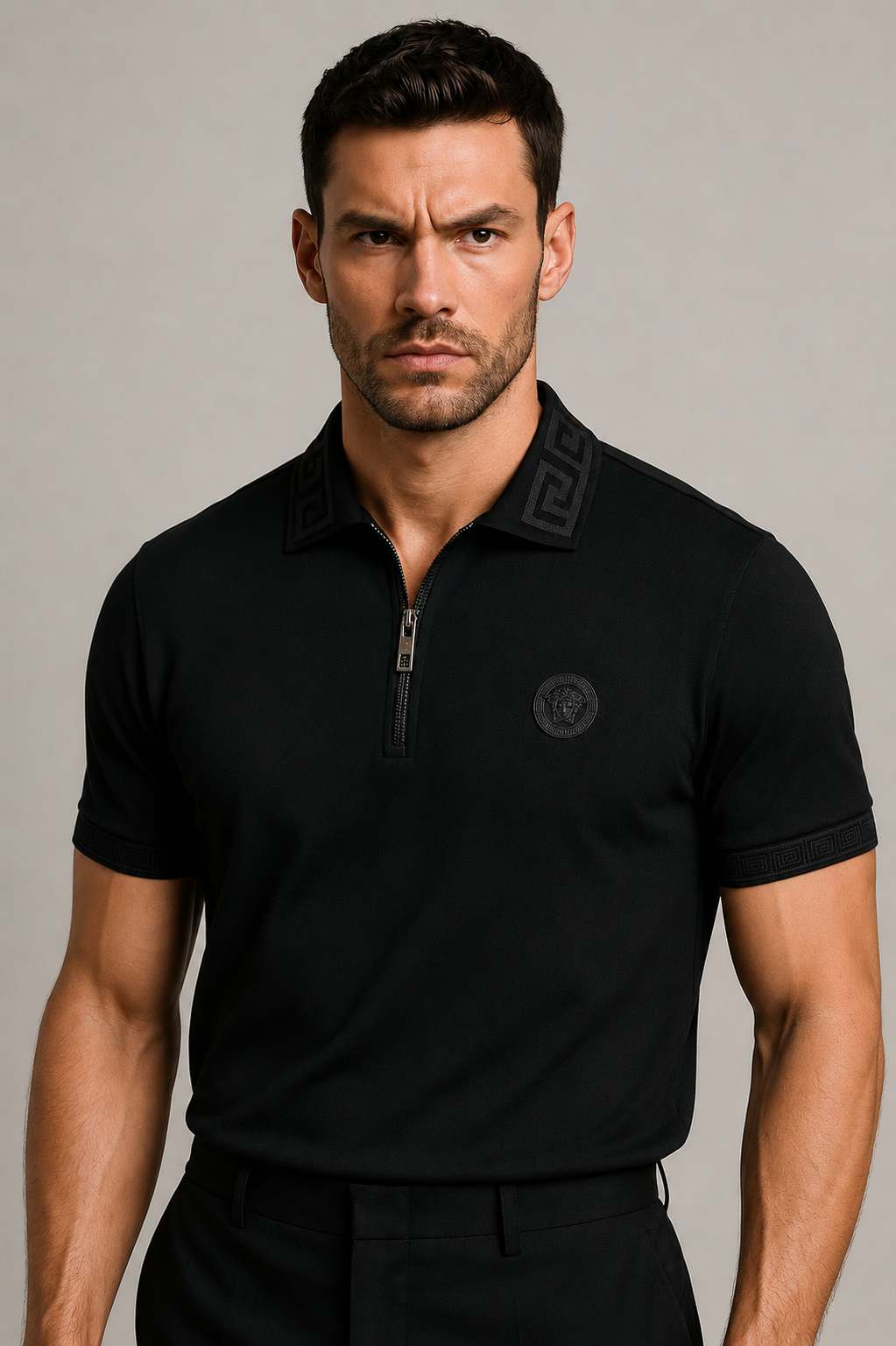 Versace Black Zip  Medusa Logo Polo – Black