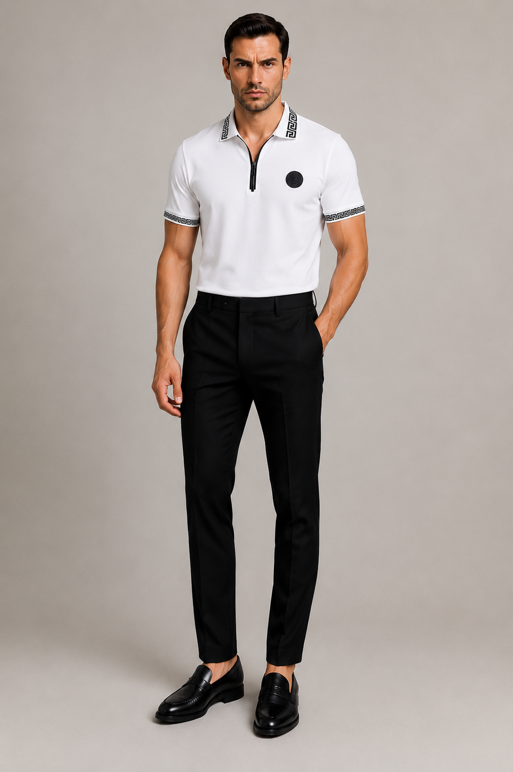 Versace Black Zip  Medusa Logo Polo – White