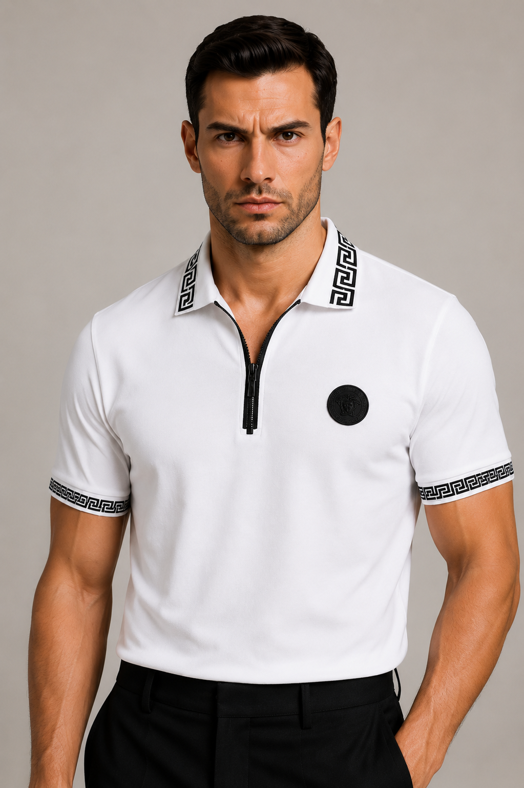 Versace Black Zip  Medusa Logo Polo – White