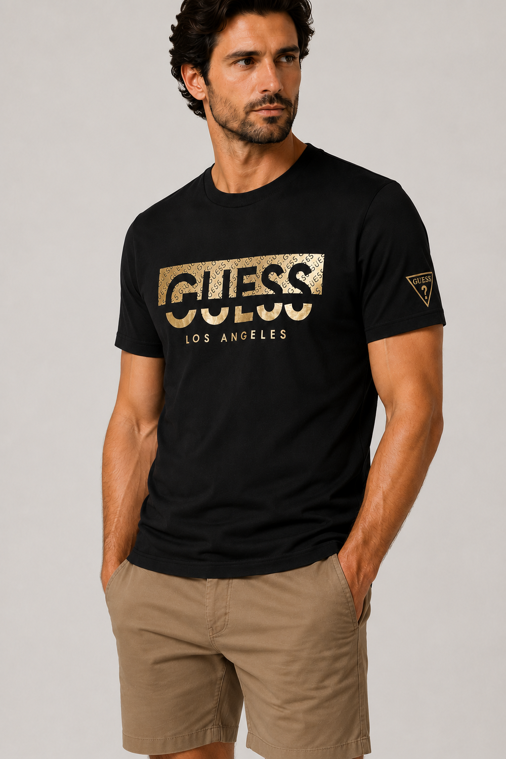 Guess Gold embroidered logo T-shirt - Balck