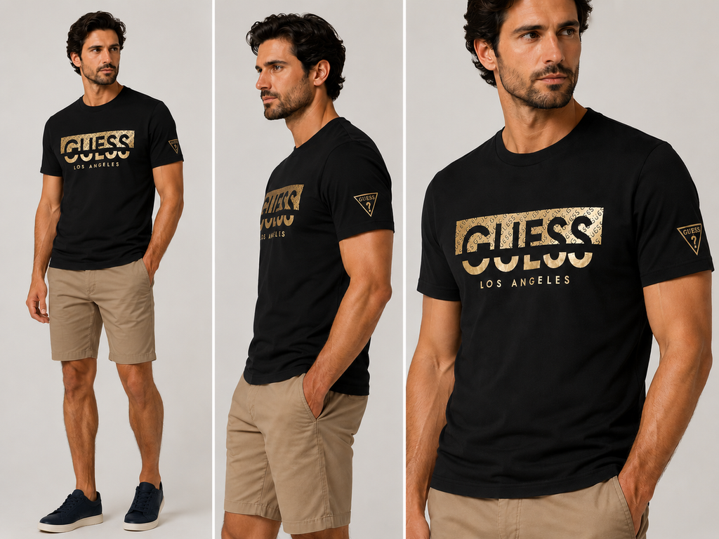 Guess Gold embroidered logo T-shirt - Balck