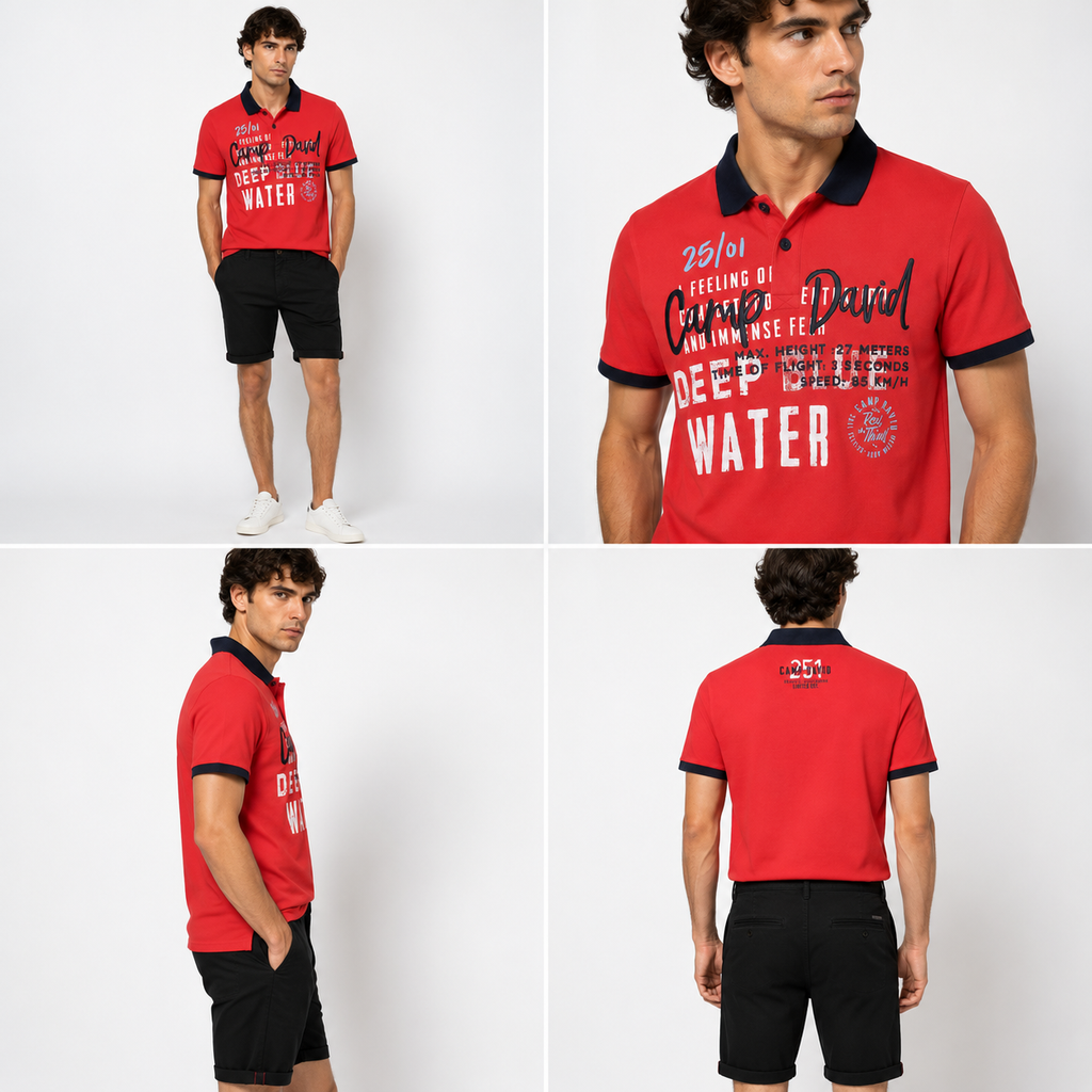 David Camp Men's Graphic Polo Shirt – Red with Navy Collar