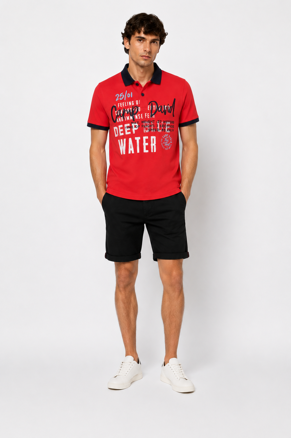 David Camp Men's Graphic Polo Shirt – Red with Navy Collar