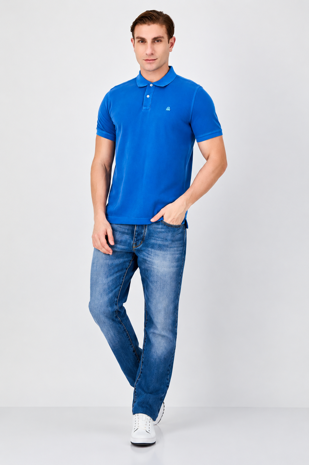Benetton Regular Fit Embroidered Logo  Polo -Washed Blue