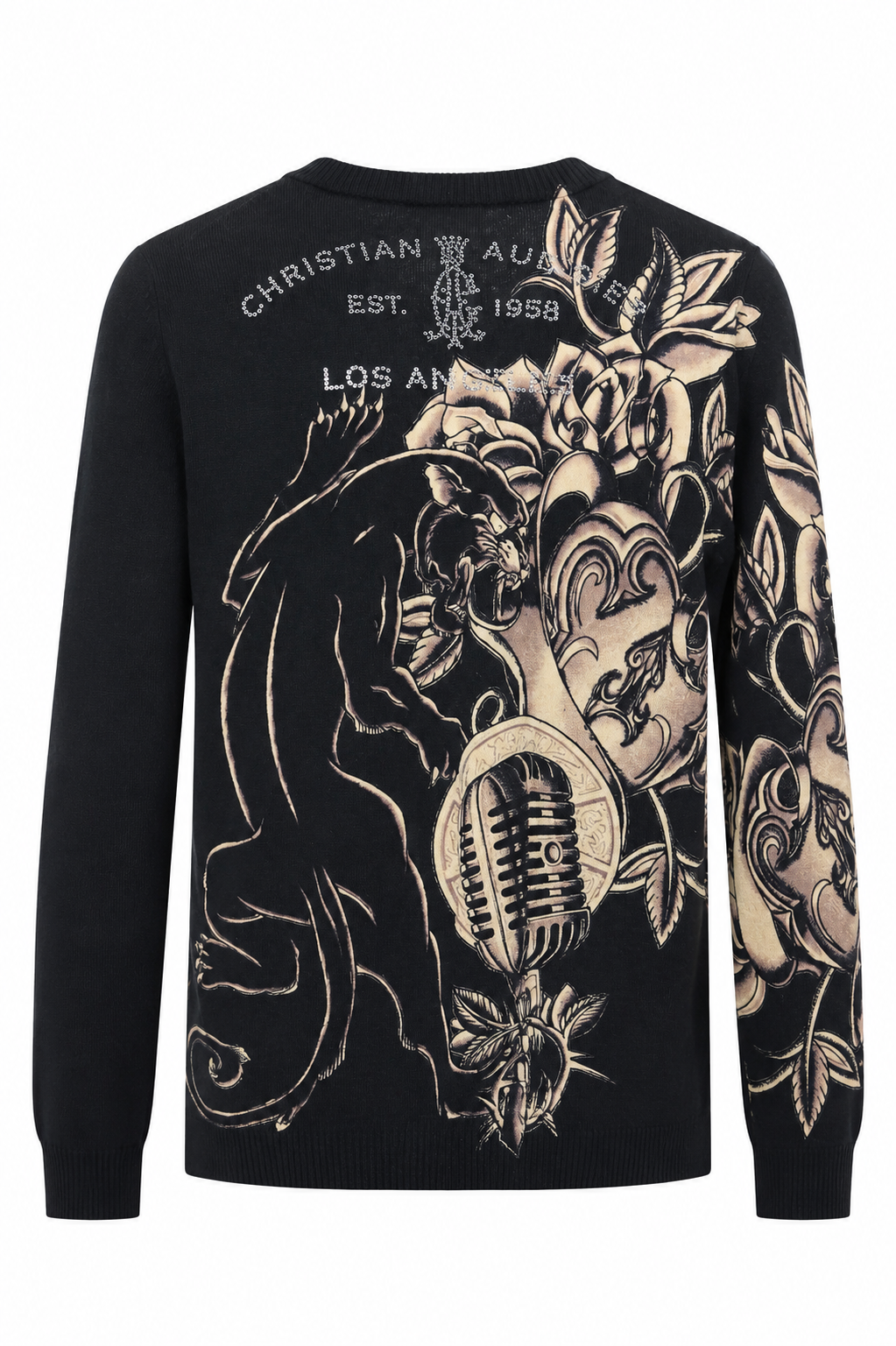 Christian Audigier V neck graphic sweater with panther design- Black