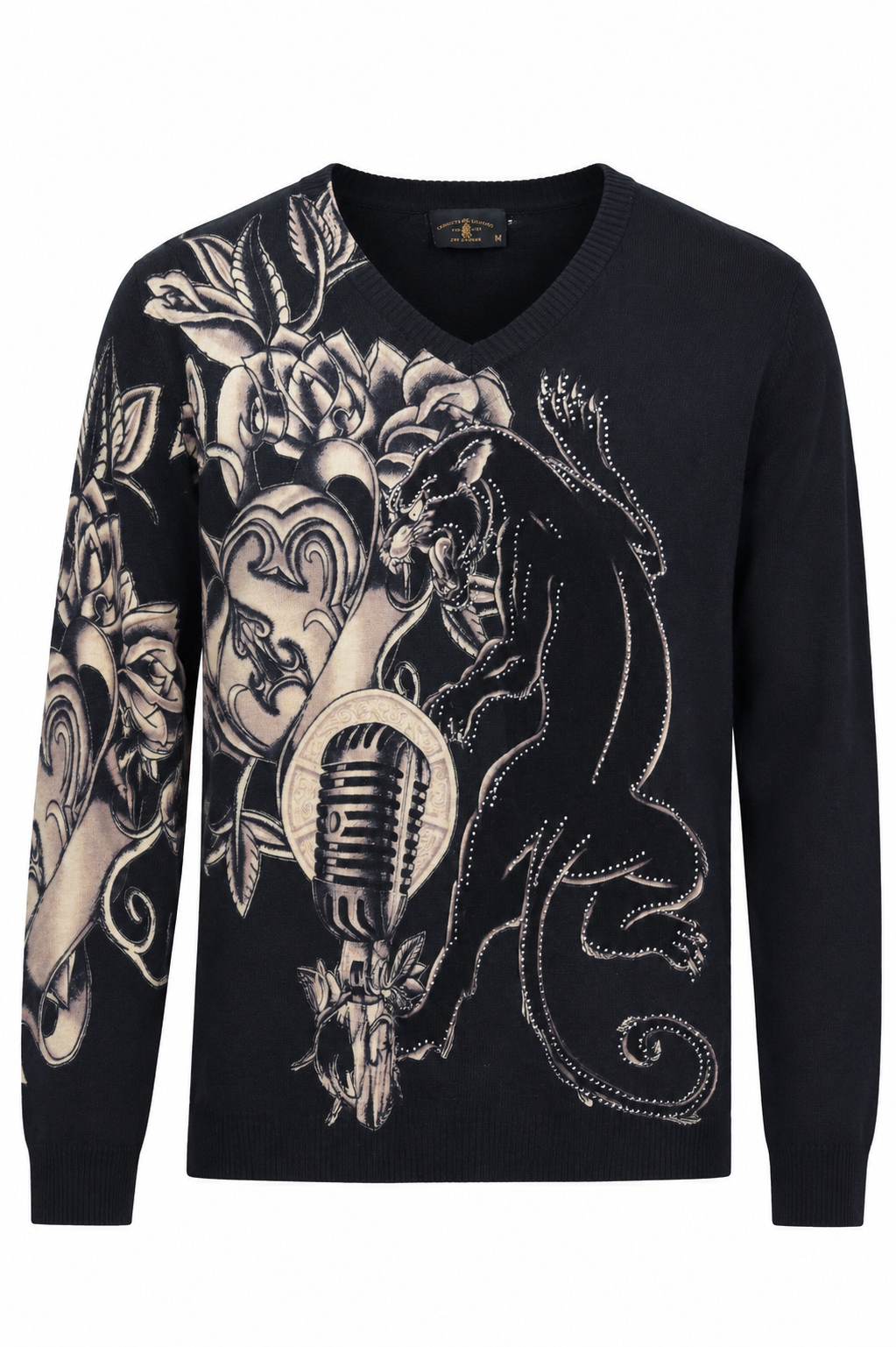 Christian Audigier V neck graphic sweater with panther design- Black