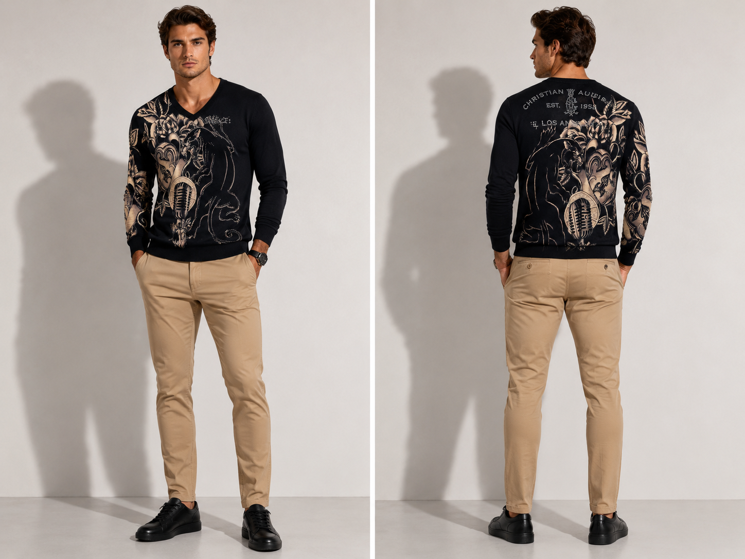 Christian Audigier V neck graphic sweater with panther design- Black