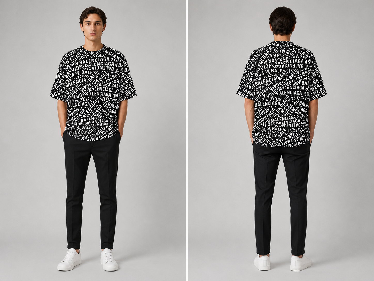 Balenciaga All-Over Logo  T-Shirt – Black/White