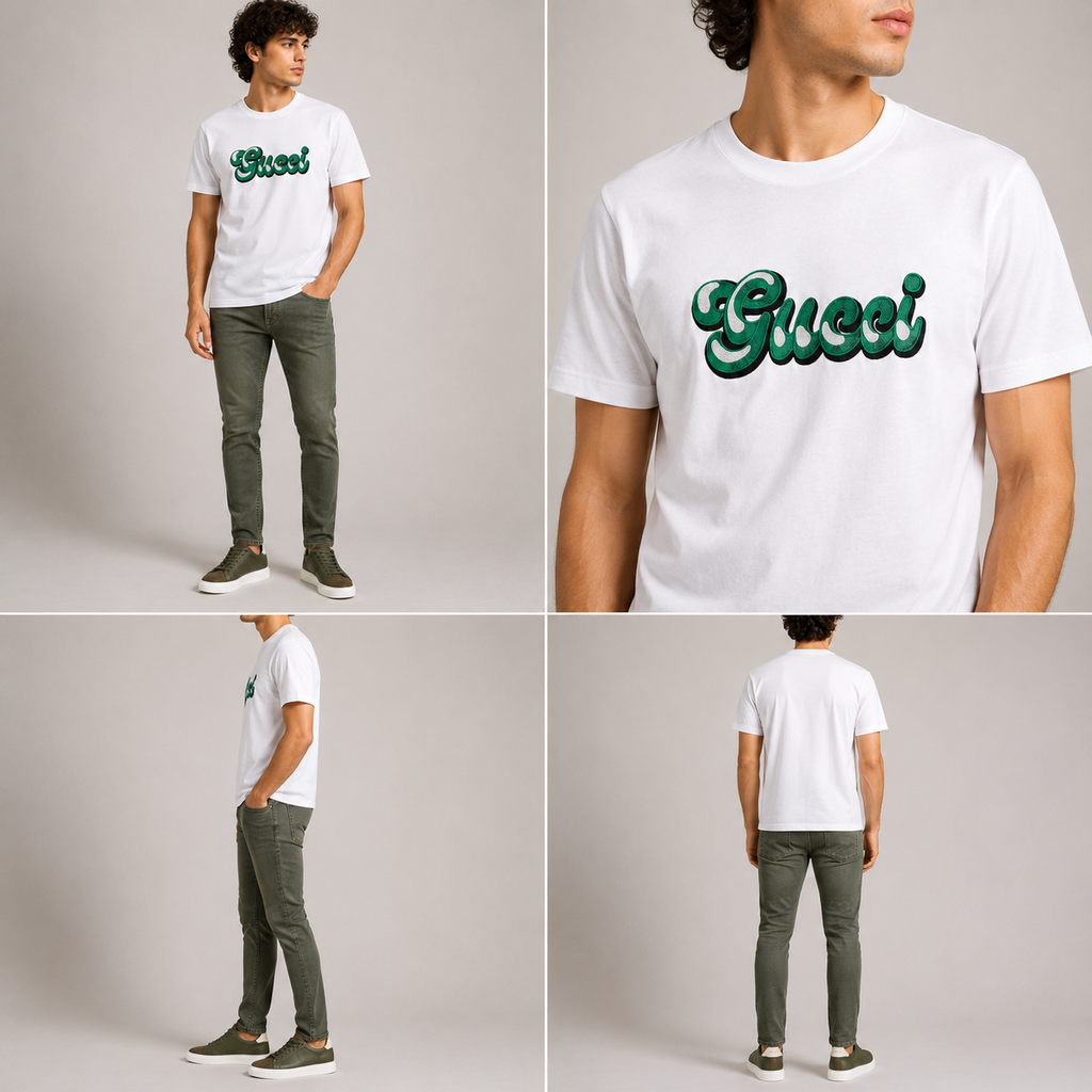 Gucci  Embroidered Green Logo T-Shirt - White