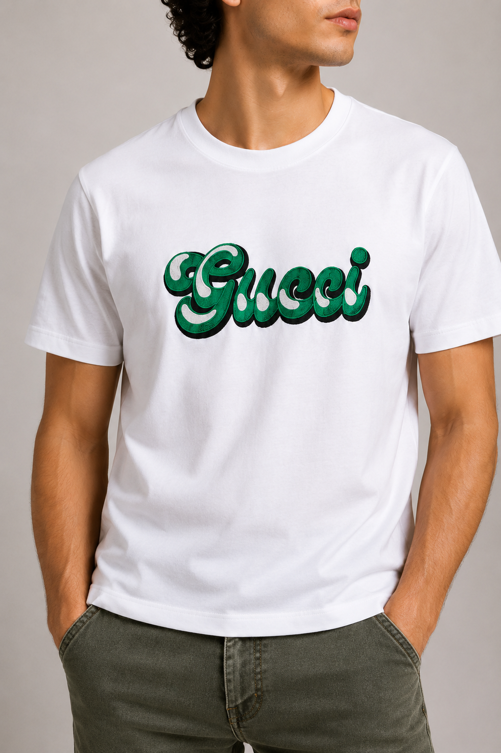 Gucci  Embroidered Green Logo T-Shirt - White