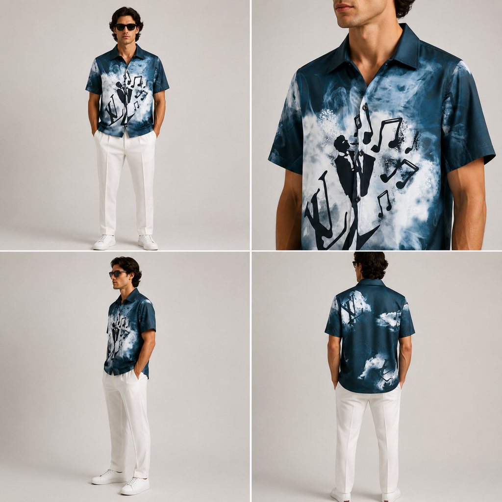 Luis Vuitton Music & Smoke Print Shirt- Blue and white