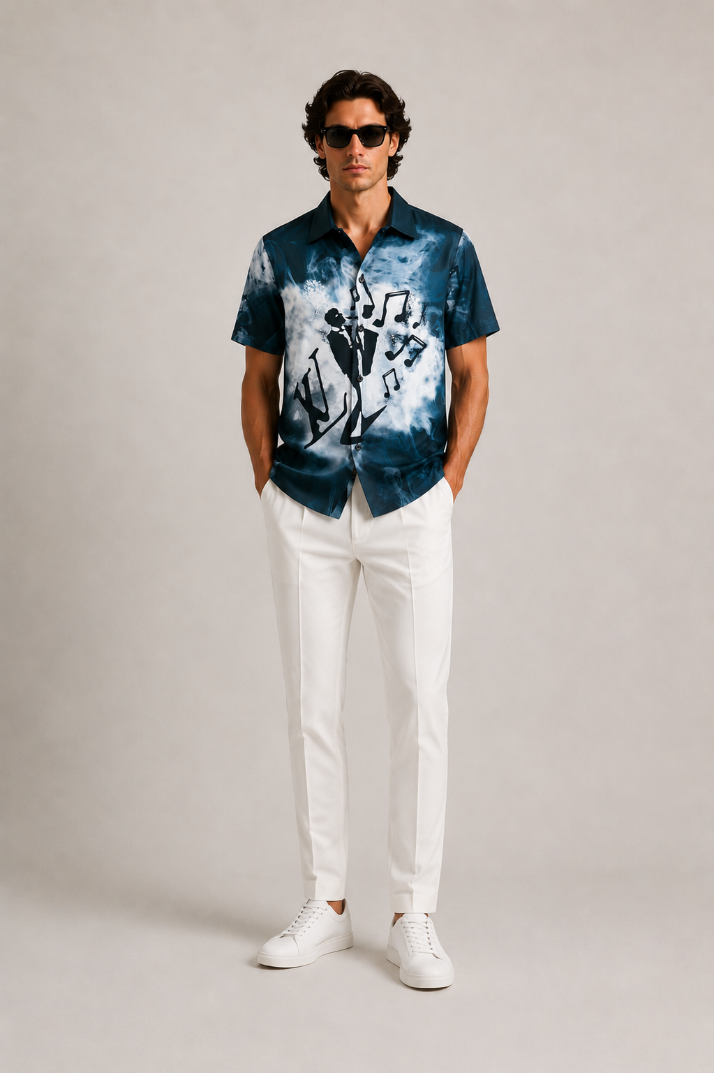 Luis Vuitton Music & Smoke Print Shirt- Blue and white